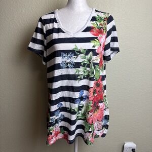 Diane Gilman Top XS Short Sleeve T Shirt Striped Flower Pattern Knit Blouse HSN